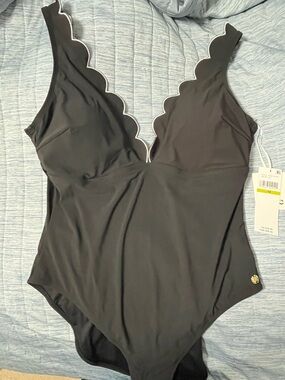 CeCe Black One-Piece Swimsuit with Scalloped V-Neck